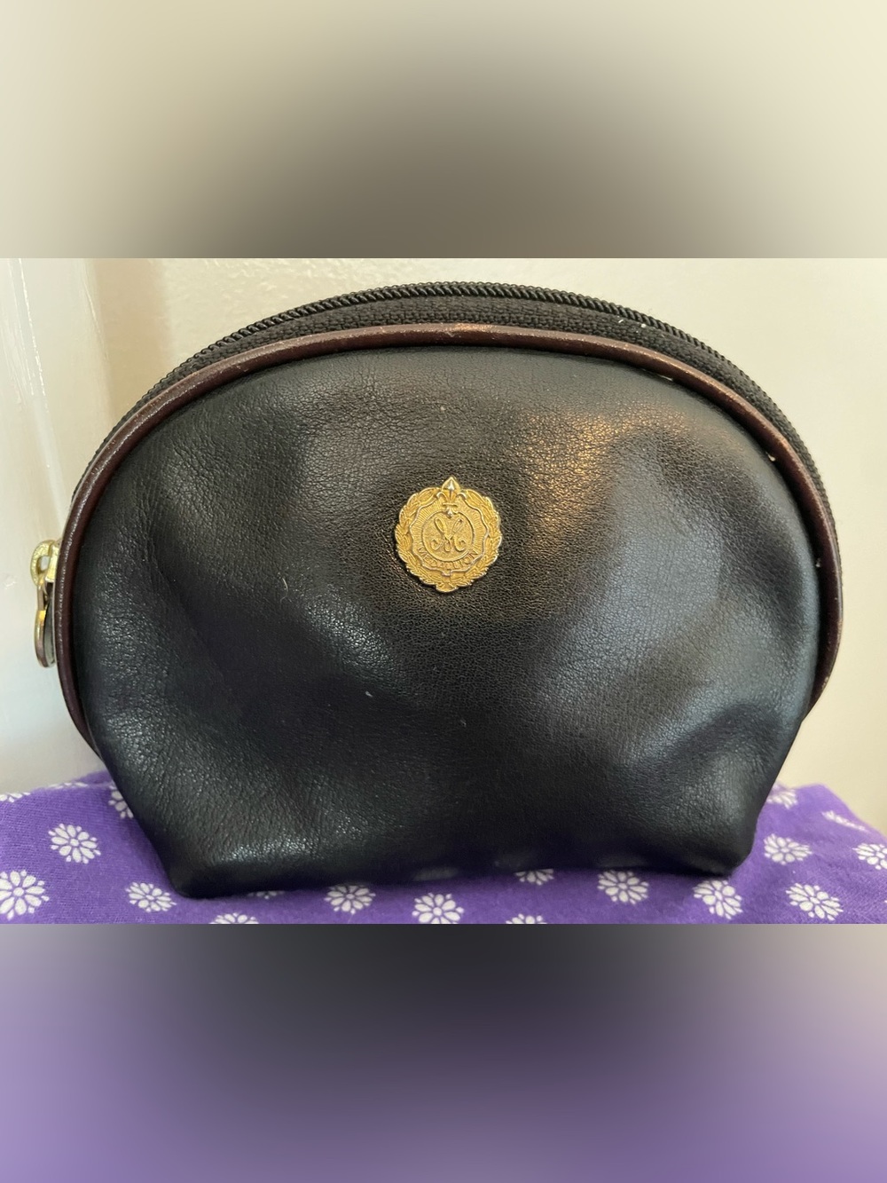 Vintage Medallion Black Leather Cosmetic Pouch with Gold Emblem & Lipstick Case